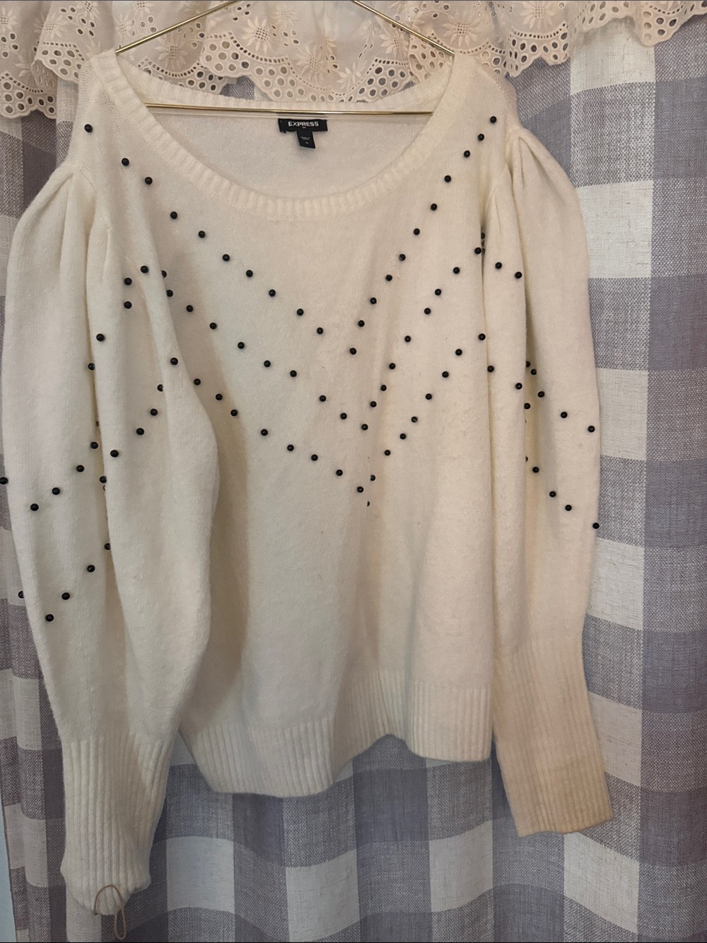 Express Cream Crewneck Sweater with Black Stud Accents